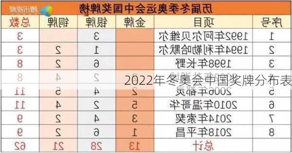 2022年冬奥会中国奖牌分布表