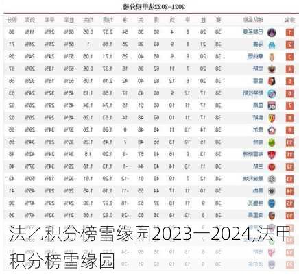 法乙积分榜雪缘园2023一2024,法甲积分榜雪缘园